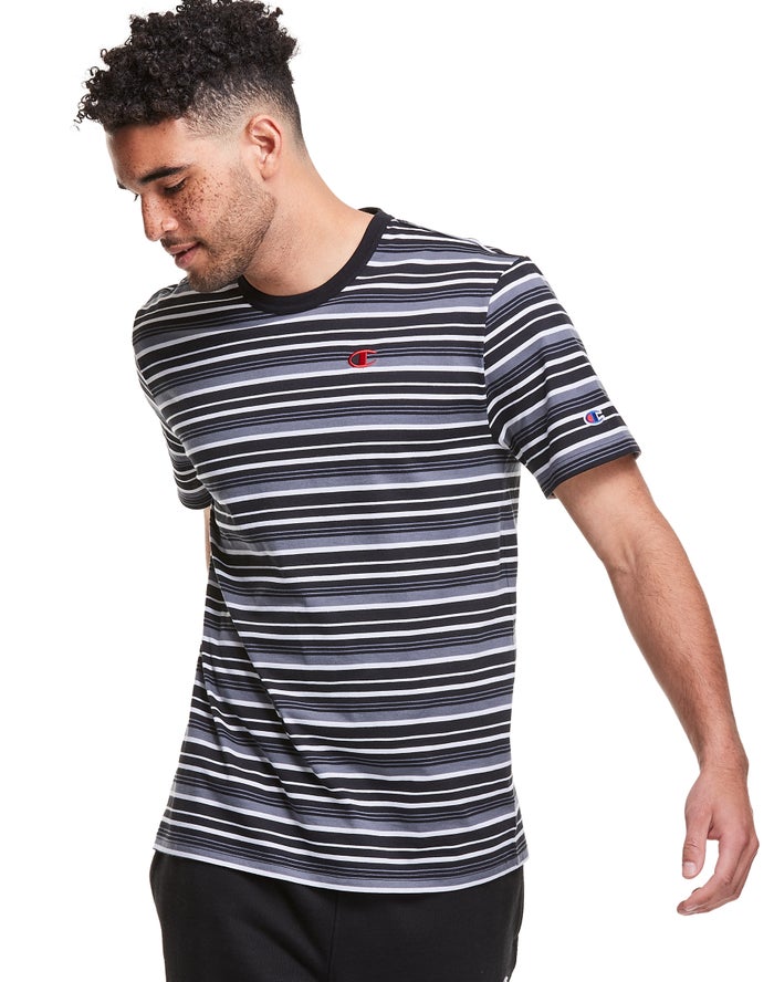 Camiseta Champion Hombre - Yarn-Dye Stripe C Logo ( Negras/Gris ) 3546902-KN